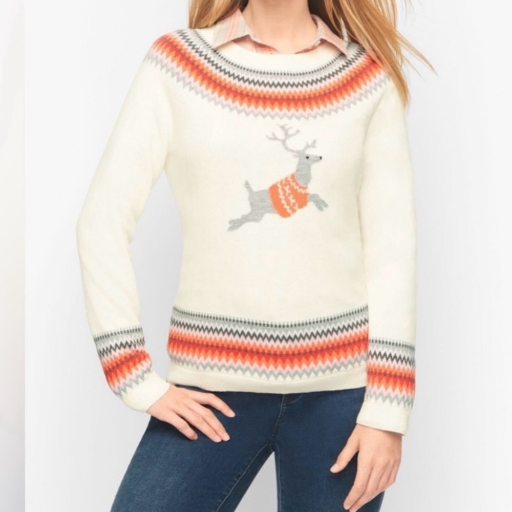 Talbots Reindeer Fair Isle Sweater Size Large Ivory Holiday Winter